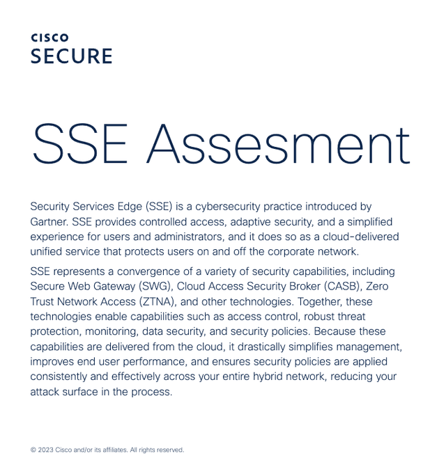 Screenshot of the cover of a PDF titled SSE assessment, which is provided to users who complete an interactive assessment on their Security Services Edge capabilities